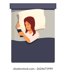 Menina deitada na cama sob o cobertor usando telefone celular, vista superior da pessoa segurando smartphone