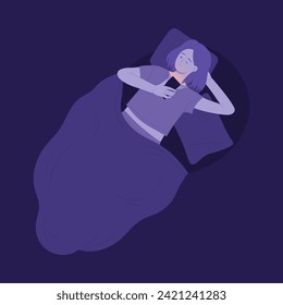 Girl lying in bed and using smartphone. Insomnia problem, sleeping disorder cartoon vector illustration