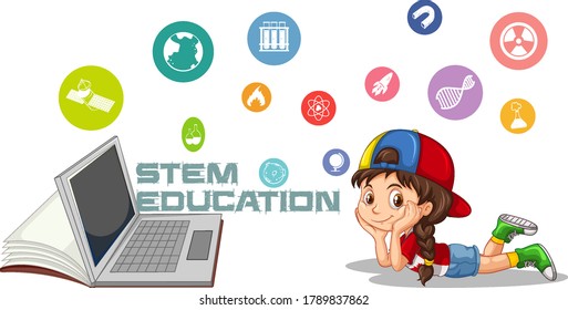 Girl lying beside laptop with stem education text and icon cartoon style isolated on white background illustration