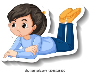 Girl lying down on the ground cartoon sticker illustration