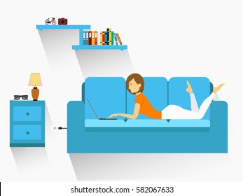 Girl lying down playing laptop on sofa with display. illustration flat