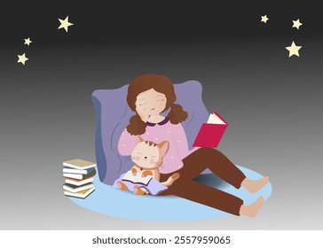 girl lying down reading a book with cat