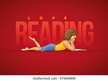 Niña tendida y leyendo libro. Ilustración vectorial y plantilla de diseño de afiches.