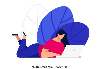 A girl is lying down and using a laptop. Young woman internet user in a flat style isolated on white background. Vector illustration.