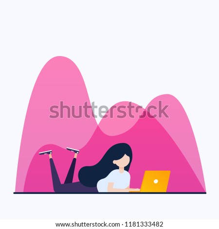 A girl is lying down and using a laptop. Young woman internet user in a flat style isolated on white background. Vector illustration.