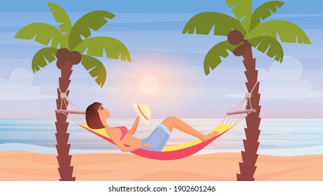 Girl lying in hammock, sea beach summer landscape vector illustration. Cartoon young cute woman character resting, comfortable hammock hanging on palm trees of tropical beachside seashore background