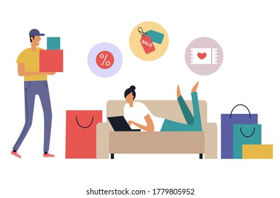 girl lying with laptop and shopping online and delivery man