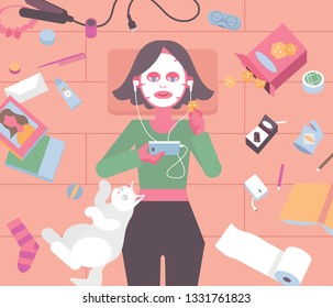 A girl lying in a mess room and enjoying a holiday. flat design style minimal vector illustration