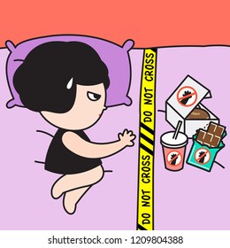 Girl Lying Near Do Not Cross Tape That Resting On Bed. Concept O