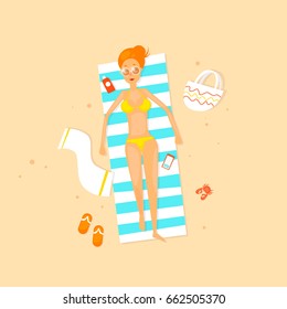 Girl are lying on the beach. Flat vector illustration in cartoon style.