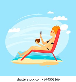 Girl is lying on the beach. Flat design vector illustration.
