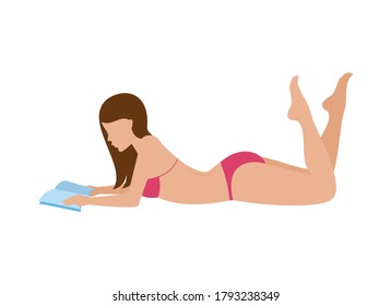 Girl is lying on a beach and reading a book vector. Young woman in red bikini vector. Summertime woman lying on her stomach icon isolated on a white background