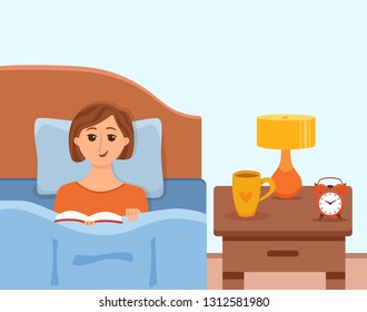 Girl lying on bed in home bedroom and reading a book in her hands under lamp light. Vector illustration of young woman having rest, relax, cozy comfortable night home interior with cup of tea, clock. 