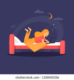 Girl is lying on the bed with a laptop. Flat design vector illustration.