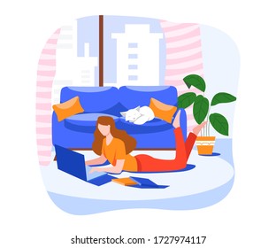 Girl is lying on the carpet while looking at the computer. Free time on weekends. Young girl having a rest at home. Talking with friends online. Flat design vector.