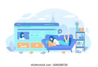Girl lying on the couch at home writes texts, messages, shares photos and videos. Blogging Blog post writing, social network page, content making. Vector illustration flat style.