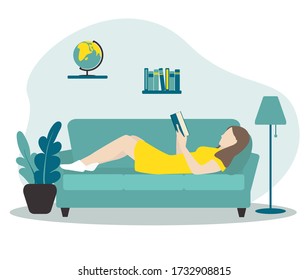 
The girl is lying on the couch and reading a book. Education concept. Flat vector illustration. Stay at home.