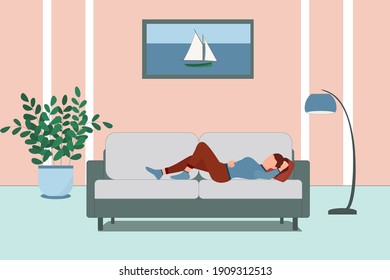 The girl is lying on the couch. Vector. A woman is resting in a room with a sofa. Flat.