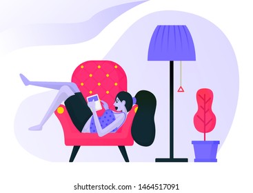 girl lying on the couch while reading a book under a decorative lamp. woman relaxing wear sexy or casual clothes. Flat vector illustration concept for Landing page, website, web, mobile apps, ui ux