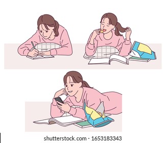 A girl is lying on the floor with her stomach in a relaxed pose, writing something in a notebook, eating a snack, and watching a phone. hand drawn style vector design illustrations. 