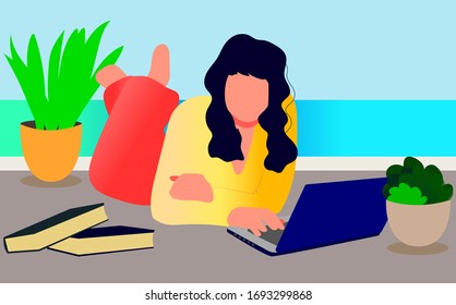 the girl is lying on the floor with a laptop. Work from home. An employee at a remote job during the virus. Vector image