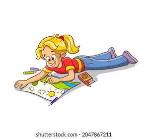 girl lying on the floor painting cartoon vector illustration