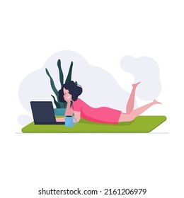 Girl lying on floor using gadgets at home. Laptop, smartphone, tablet users enjoying leisure flat vector illustration. Wireless technology