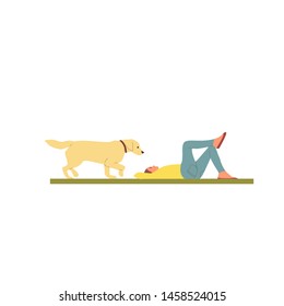 Girl is lying on grass with labrador golden retriever. Isolated on white background. Flat style cartoon stock vector illustration.
