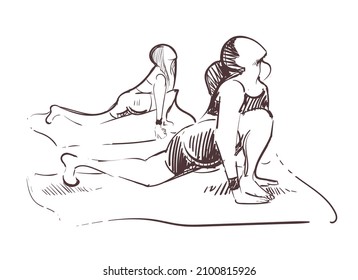 Una niña tendida sobre una alfombra practicando yoga vipassana dibujada a mano 
