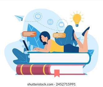 Girl lying on pile of books. Concept illustration of online courses, distance studying, self education, digital library. E-learning banner. Online education. Vector illustration in flat style