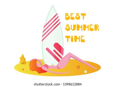 girl lying on the sand with a surfboard and sandcastle ,vector colorful illustration with character on a white background