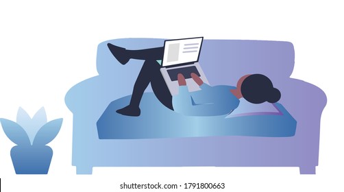 Girl lying on sofa and does their office work on laptop.
