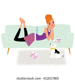 A girl lying on the sofa, dreaming and writing a diary. Vector illustration. 