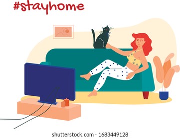 Girl lying on the sofa with her cat and watching movies. Stay at home hashtag vector illustration.