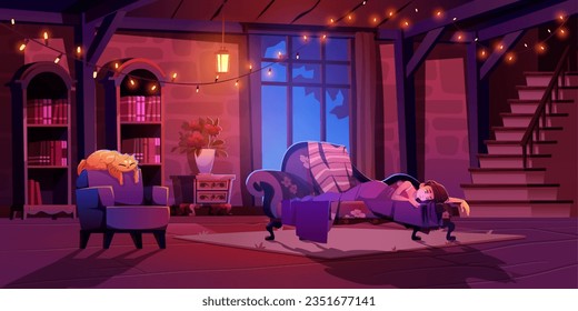 Mädchen liegt auf dem Sofa im Wohnzimmer mit Handy in der Nacht Cartoon Vektorgrafik. Vintage Wohnzimmer mit Bücherregal im Palast, Retro-Steinwand und Katze bequem auf Sessel.