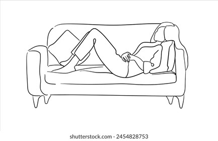 Girl lying on the sofa isolated on white background. Apathy line art drawing. Vector illustration