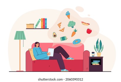 Girl lying on sofa with tablet and making order in online store. Female character choosing products and ingredients using app flat vector illustration. Food, delivery, modern technology concept