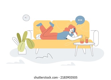 Girl lying on sofa, talking on phone and eating fast food. Girl spending weekend at home flat vector illustration. Recreation, procrastination concept for banner, website design or landing web page