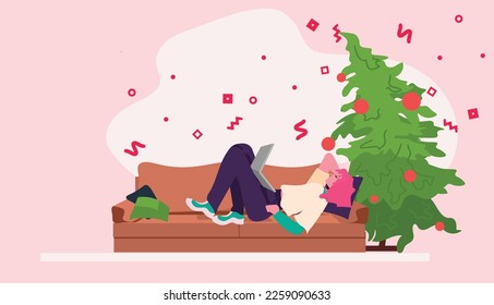 girl lying on sofa and using laptop near decorated fir tree happy new year merry christmas holidays celebration