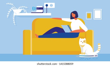 Girl Lying on Sofa and Working on Laptop. Cat Driving or Riding Automatic Cleaner that is Vacuuming Wool on Floor Cartoon Flat Vector Illustration. Remote Station Charging on Shelf.