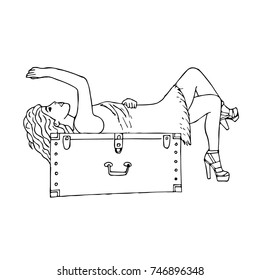 Girl lying on a suitcase vector illustration. Doodle style. Design, print, logo, decor, textile, paper.