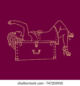 Girl lying on a suitcase vector illustration. Doodle style. Design, print, logo, decor, textile, paper.