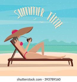 Girl lying on a sun lounger on the beach and drinking an exotic cocktail - Relax or vacation concept. Vector illustration