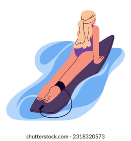 Girl lying on surfboard, swimming in ocean or sea water. Young woman surfing on board, relaxing on summer holidays. Happy surfer catching a wave. Flat vector illustration isolated on white background