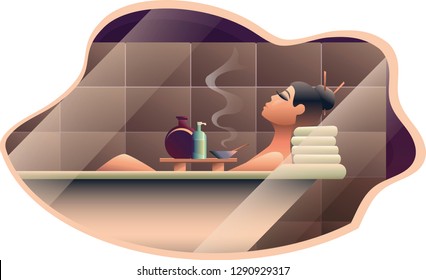 Girl lying in a relaxing bath in the rays of light, aromatherapy, flat design vector illustration