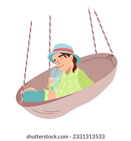 Girl lying in round hammock and drinking refreshing cocktail Young girl holds a glass of tropical drink in her hand and relax on vacation Vector illustration in flat style isolated on white background