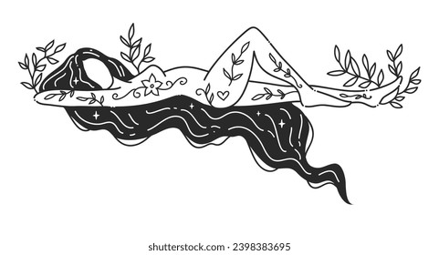 Girl lying. Self care Feminine vector Illustrations. Mental Healthcare. The woman Balance harmony. Card, valentines card. Doodle style