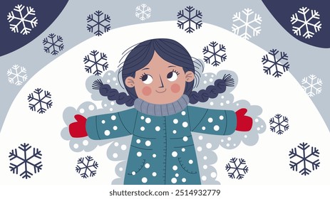 The girl is lying in the snow with her arms outstretched