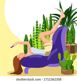 Girl lying at sofa on yellow backdrop. Online studying for website or social banner, remote job vacancy, info card, labor exchange. Web template or landing page. Flat style stock vector illustration