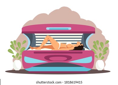 Girl Lying In Tanning Bed Preparing For Summer Vacation. Woman In Bikini And Sunglasses In Beauty Salon Getting Tan With Modern Technology. Sunshine Time Vector Illustration.